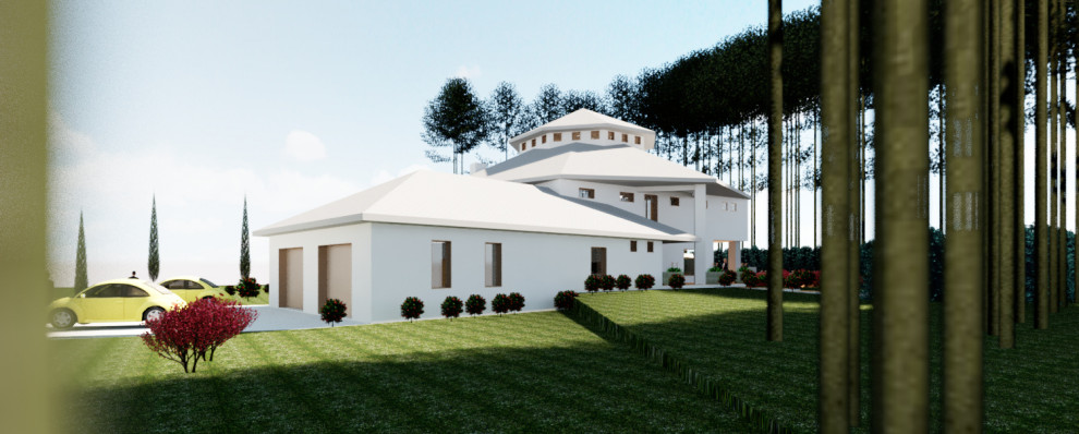 Пример оригинального дизайна: большой, двухэтажный, кирпичный, бежевый частный загородный дом в стиле модернизм с вальмовой крышей, крышей из гибкой черепицы и серой крышей
