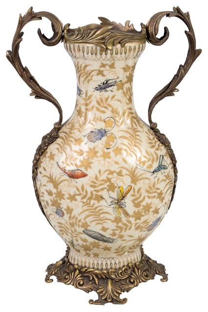 Fall Bug Motif Porcelain Handle Vase, Brass Ormolu Accents, 17.5"