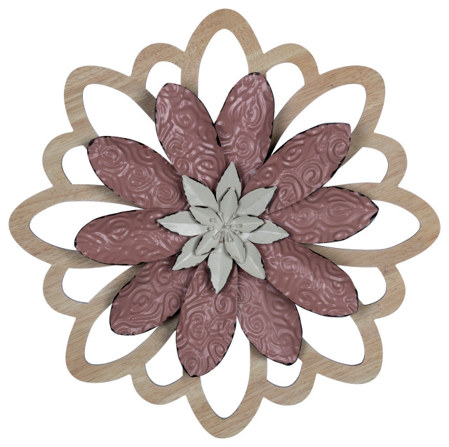Stratton Home Decor Farmhouse Pink Embossed Metal Flower Wall Decor