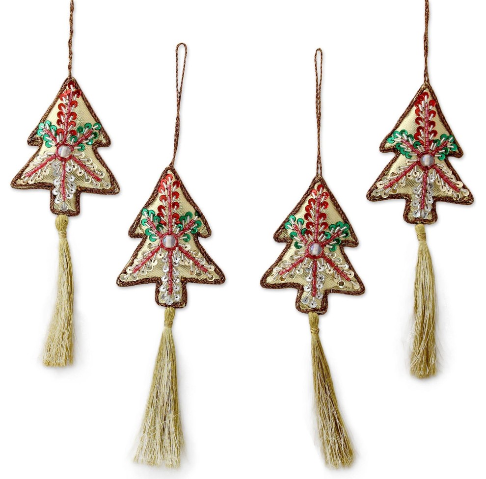 Mughal Glam' Set of 5 NOVICA Dark Red and Gold Hand Beaded Embroidered Hanging Holiday Ornaments 