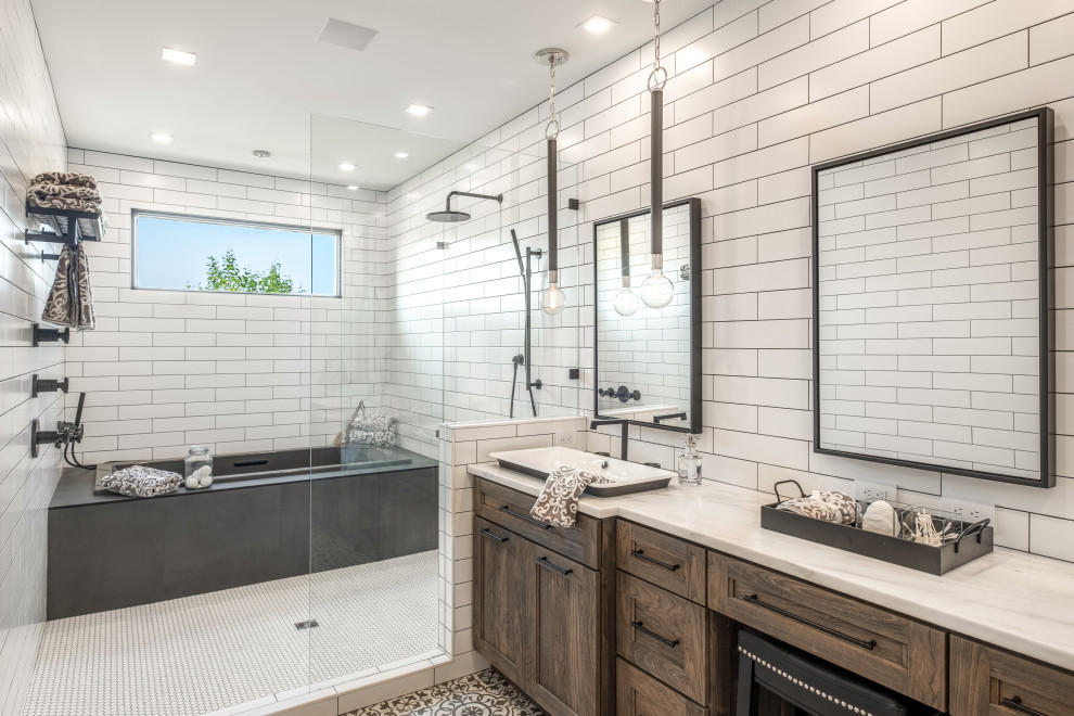 Large modern master bathroom in Other with recessed-panel cabinets, distressed cabinets, an alcove tub, an open shower, white tile, ceramic tile, a vessel sink, engineered quartz benchtops, an open shower and white benchtops.