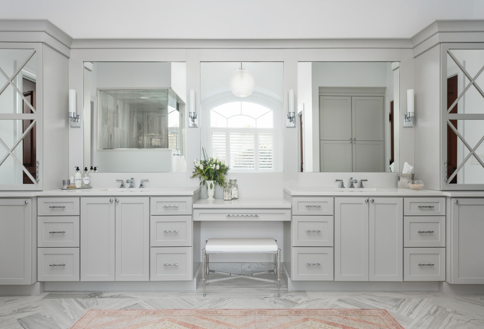 Inspiration for a transitional master bathroom in Chicago with shaker cabinets, grey cabinets, grey walls, multi-coloured floor, white benchtops, a double vanity and a built-in vanity.