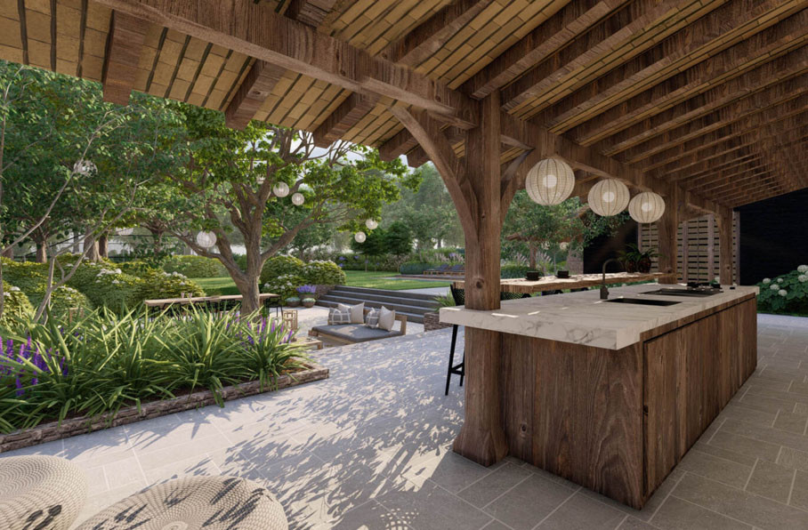 Проект участка с озером, бассейном и большой патио-зоной у дерева