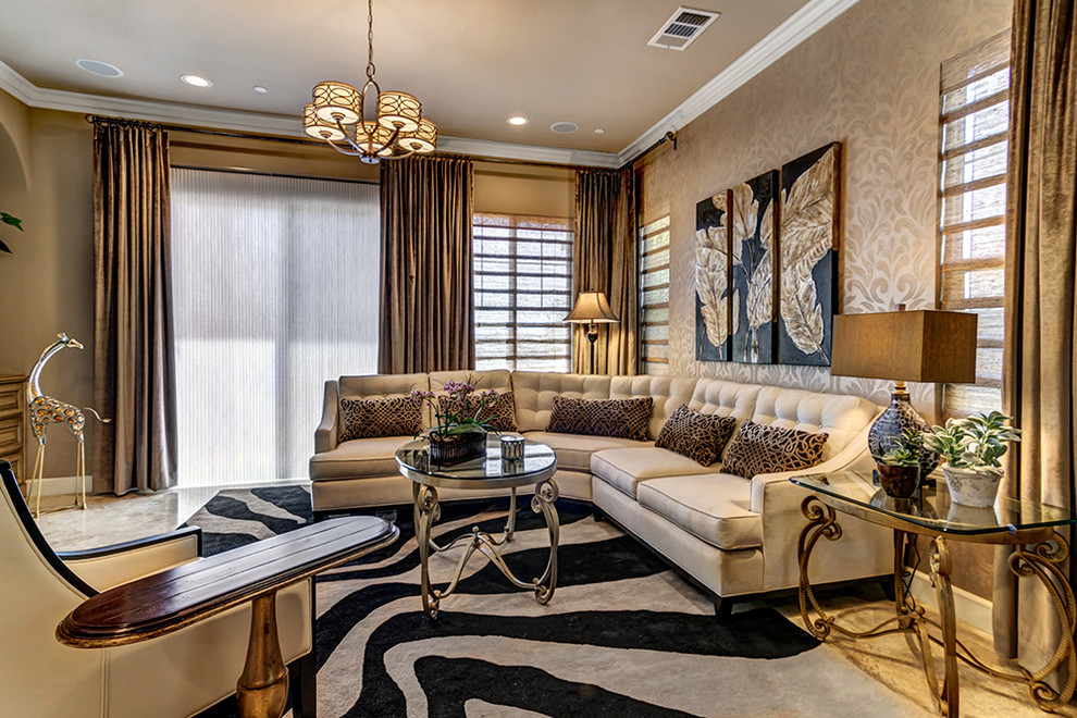 This is an example of a mid-sized contemporary open concept living room in San Diego with a music area, beige walls, marble floors, a standard fireplace, a stone fireplace surround and a wall-mounted tv.