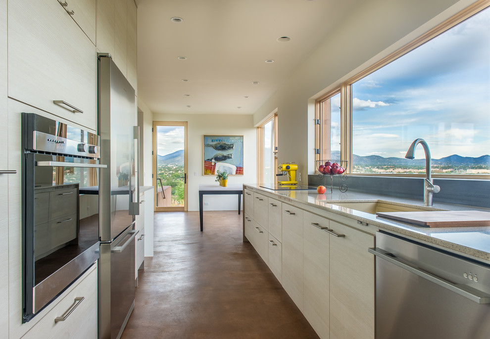 Kitchen - contemporary galley kitchen idea in Albuquerque with an undermount sink, flat-panel cabinets, white cabinets and stainless steel appliances