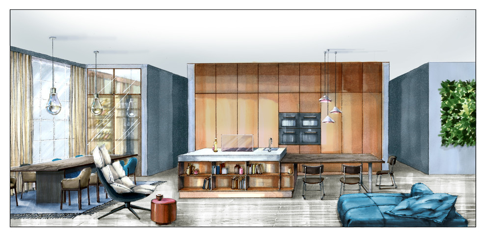 Эскиз гостиной совмещенной с кухней, при участии Ольги Каминской