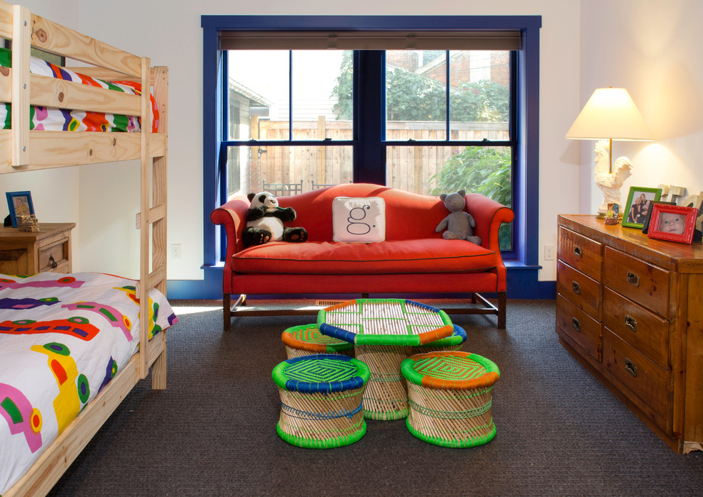 Inspiration for a mid-sized eclectic gender-neutral kids' bedroom for kids 4-10 years old in Columbus with white walls and carpet.