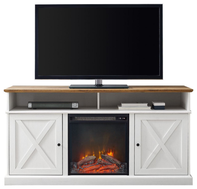Walker Edison Cherrington 60" Tall Fireplace TV Stand, Barnwood/White
