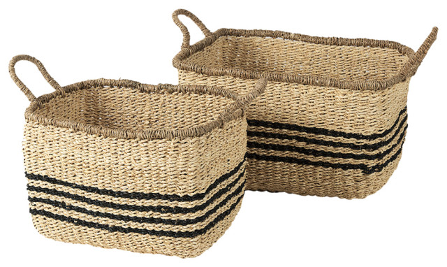 Emma Light Brown Seagrass Rectangular Basket With Black Stripes, 2-Piece Set