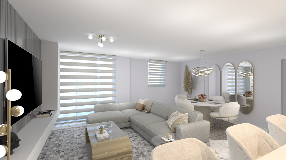 Esempio di un piccolo soggiorno moderno con pavimento con piastrelle in ceramica e pavimento beige