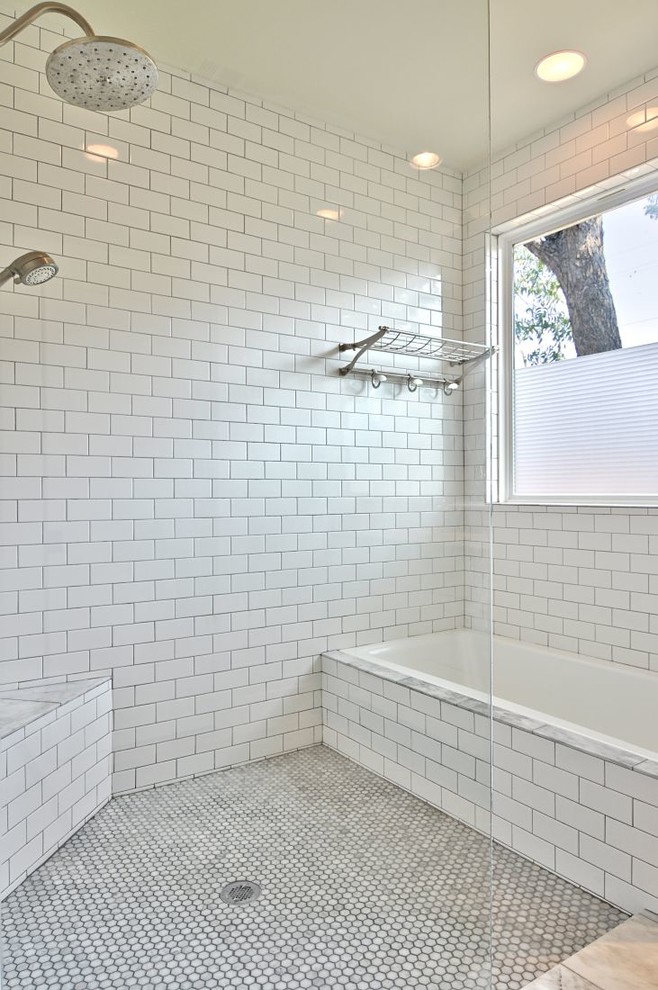 Inspiration for a transitional bathroom in Austin with subway tile.