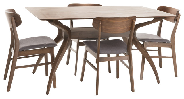 Leona Mid Century Natural Walnut Finish 5 Piece Dining Set Leona Mid Century Natural Walnut Finish 5 Piece Dining Set Dark Gray
