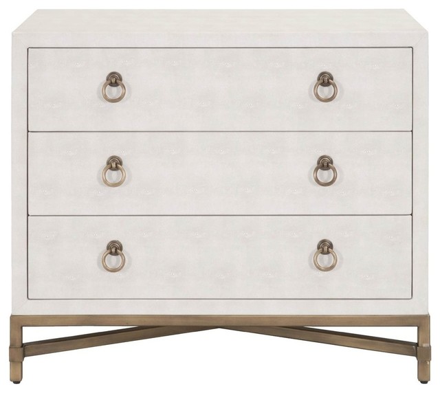 Wooden Three Drawer Nightstand With Brushed Gold Ring Pulls, White Contemporary Nightstands