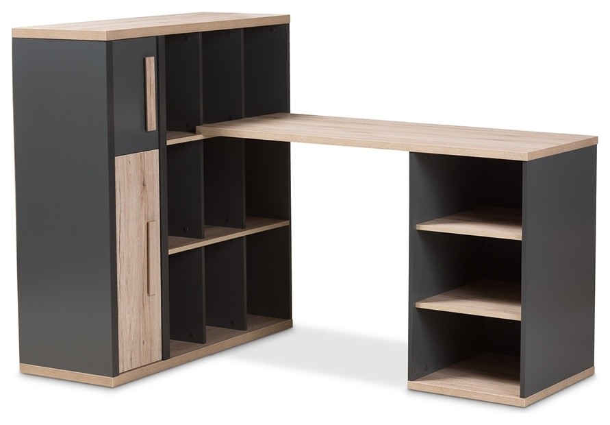 Modern Dark Gray And Light Brown 2 Tone Study Desk With Built In