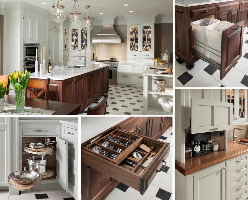 Large classic u-shaped kitchen/diner in Houston with a double-bowl sink, recessed-panel cabinets, grey cabinets, beige splashback, stainless steel appliances, ceramic flooring and an island.
