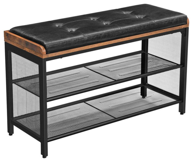 Button Tufted Leatherette Shoe Bench with 2 Mesh Shelves, Brown and