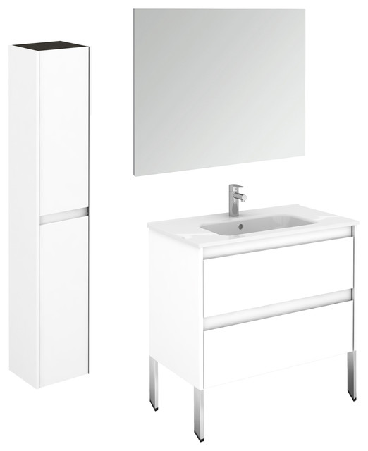 Ambra 80F Pack 2 Gloss White, Bathroom Vanity With Column & Mirror