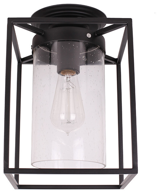 Metal Flush Mount With Seedy Glass, Matte Black Industrial Flush