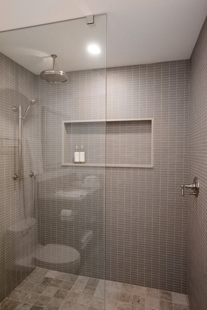 Inspiration for a mid-sized transitional bathroom in Other with shaker cabinets, grey cabinets, an open shower, a one-piece toilet, gray tile, mosaic tile, white walls, porcelain floors, with a sauna, an undermount sink, engineered quartz benchtops, grey floor, an open shower and grey benchtops.
