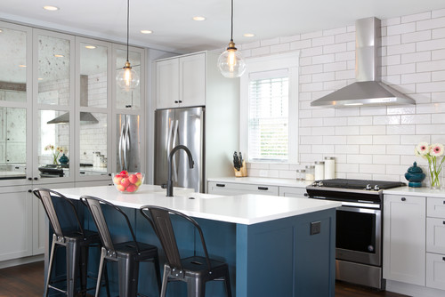 modern kitchen renovation with blue island