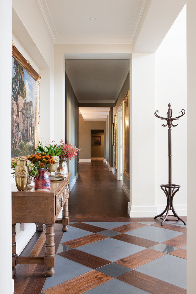 Design ideas for a traditional hallway in Melbourne with white walls.