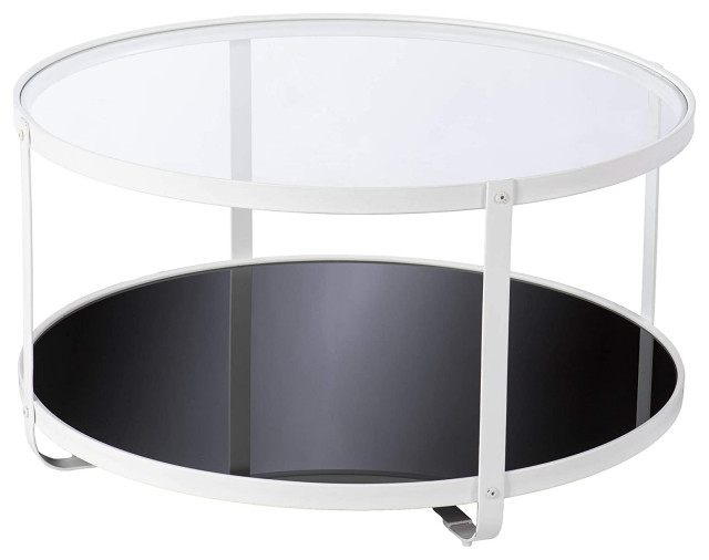 Modern Coffee Table, Metal Frame With Clear Glass Top and Black Glass
