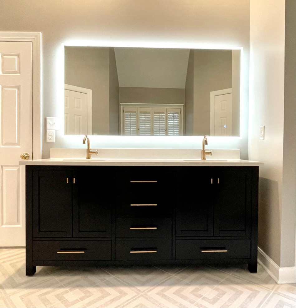 Photo of a large contemporary master bathroom in Raleigh with shaker cabinets, blue cabinets, a freestanding tub, an alcove shower, a two-piece toilet, grey walls, porcelain floors, an undermount sink, engineered quartz benchtops, grey floor, a hinged shower door, yellow benchtops, a niche, a double vanity and a freestanding vanity.