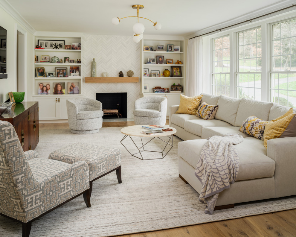Example of a transitional living room design in Philadelphia