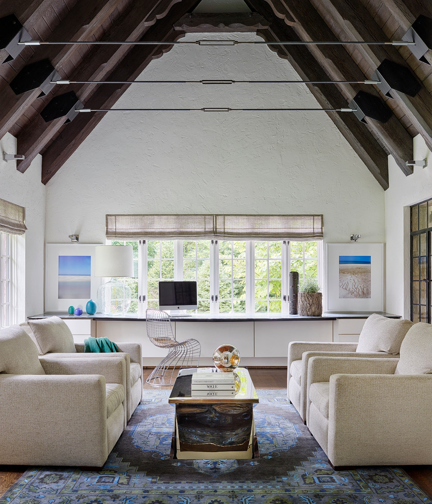 Inspiration for a country living room in Chicago with white walls and dark hardwood floors.