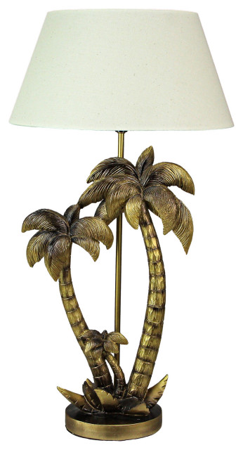 Antique Gold Finish Double Palm Tree Resin End Table Lamp With Shade Nightstand