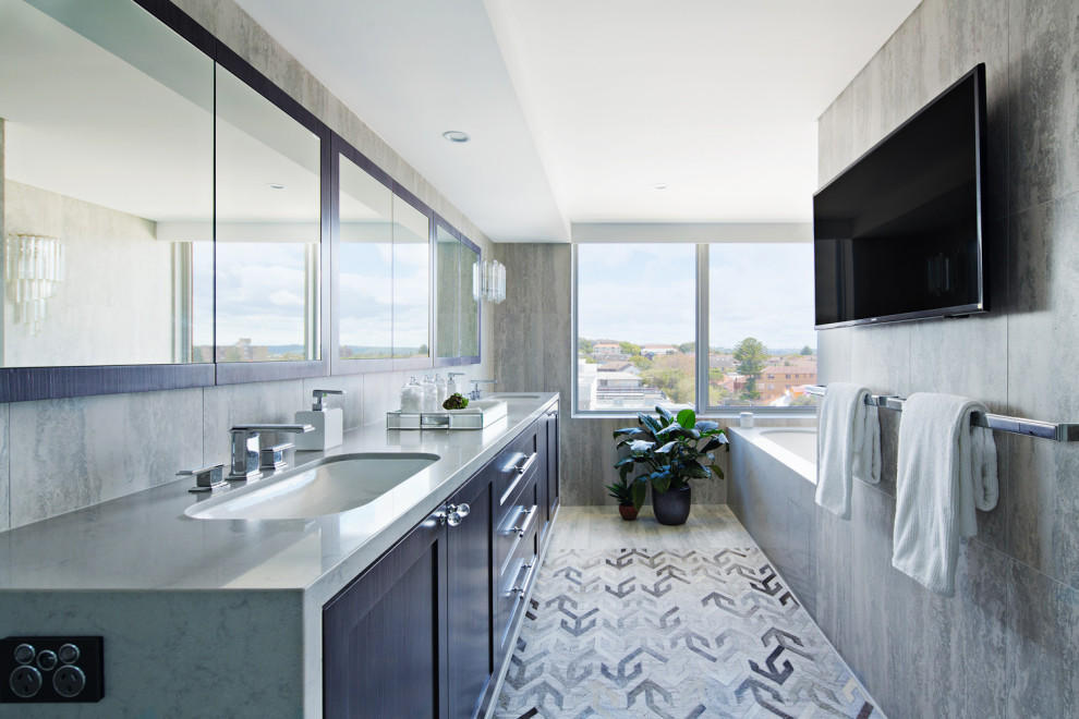 Design ideas for a contemporary bathroom in Sydney with shaker cabinets, black cabinets, gray tile, an undermount sink, grey floor, grey benchtops and a double vanity.