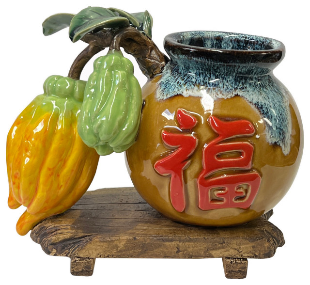 Chinese Drop Blue Tan Buddha Fingers Citrus Fruits Holder Pot Vase Hws3099