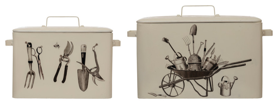 2-Piece Decorative Metal Container Set With Garden Tools