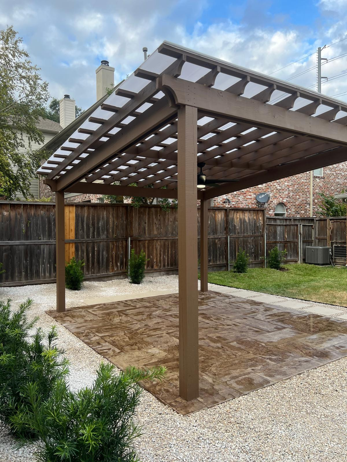 Beautiful stamped concrete patio with Pergola Cover on Haddon st!