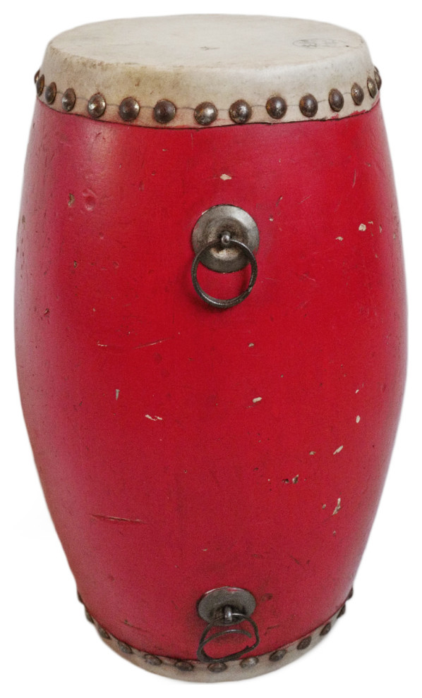 Consigned Vintage Small Red Wood Drum Asian Accent And Garden