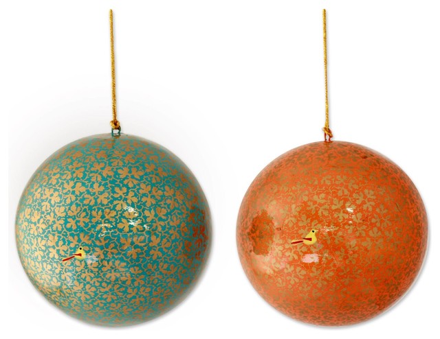 2 Piece Novica Golden Holiday Large Papier Mache Ornaments