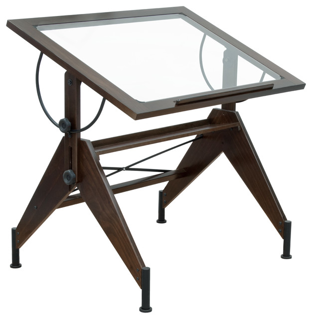 Studio Designs Aries Glass Top Drafting Table Dark Walnut Black