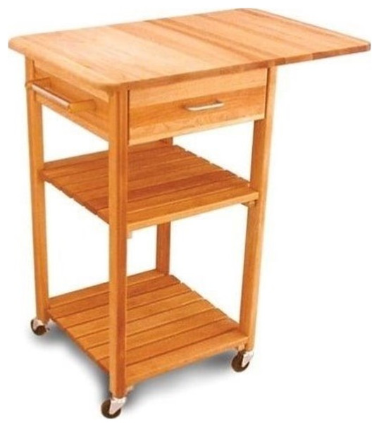Pemberly Row Drop Leaf Butcher Block Kitchen Cart in Natural Finish