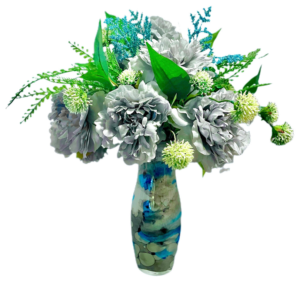 Modern Slate Gray Turquoise Peony Arrangement Italian Vase All Season Large 18”