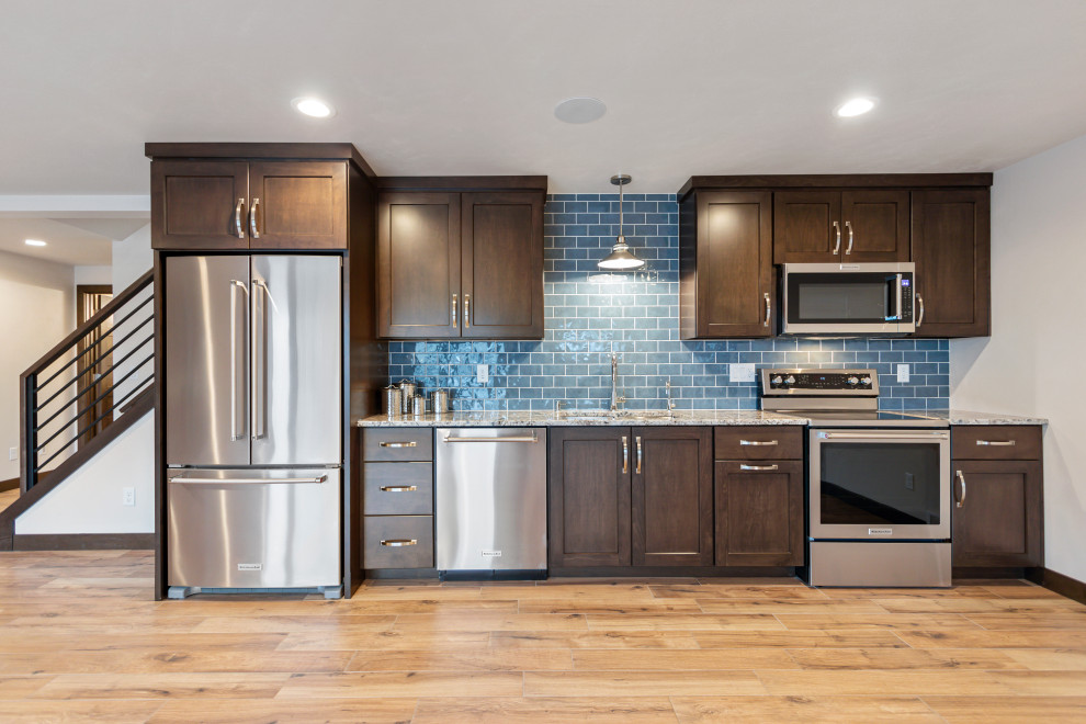 Kitchen - large transitional walk-out ceramic tile and brown floor kitchen idea with white walls and no fireplace