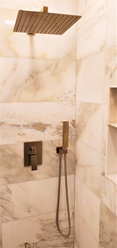 Inspiration for a small modern master bathroom in San Francisco with flat-panel cabinets, yellow cabinets, a curbless shower, a bidet, white tile, marble, white walls, marble floors, engineered quartz benchtops, white floor, a sliding shower screen, white benchtops, a niche, a single vanity and a floating vanity.