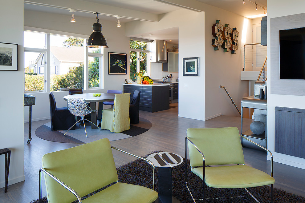 Kitchen/dining room combo - mid-sized contemporary light wood floor kitchen/dining room combo idea in San Francisco with white walls and no fireplace