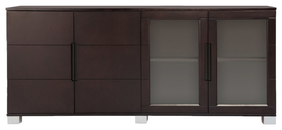 72.5” Modern Hayes Dark Walnut Wood Cabinet 2 Glass Doors 2 Wood Doors