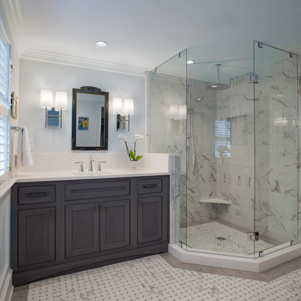 Mid-sized traditional master bathroom in Other with a corner shower, porcelain tile, engineered quartz benchtops, a hinged shower door, white benchtops, a single vanity, a built-in vanity, beaded inset cabinets, grey cabinets, white tile, grey walls, mosaic tile floors, an undermount sink, white floor, a niche and a shower seat.