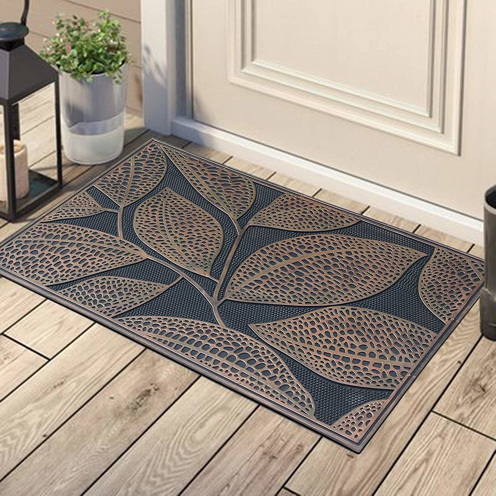 Leaf Design Rubber Pin Mat, Copper Hand Finished, Heavy Duty Doormat, 18"x30"
