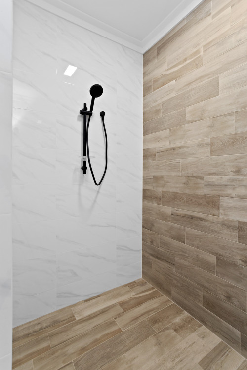 White Wall Tile and Wood-Look Tile Shower