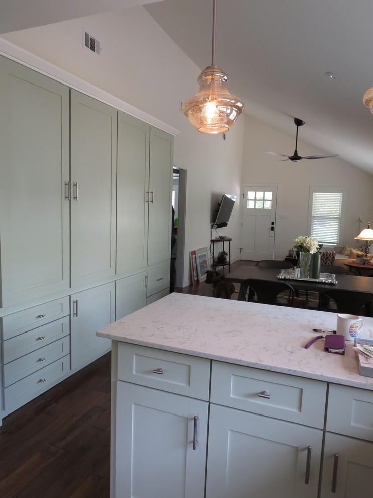 Example of a mid-sized transitional medium tone wood floor eat-in kitchen design in Austin with shaker cabinets, glass tile backsplash, stainless steel appliances, a single-bowl sink, green cabinets, quartz countertops, green backsplash and a peninsula