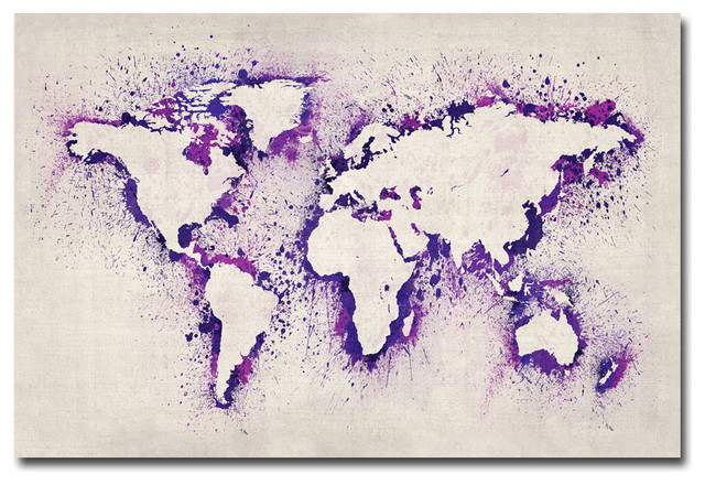'Purple Paint Outline World Map' Canvas Art by Michael Tompsett