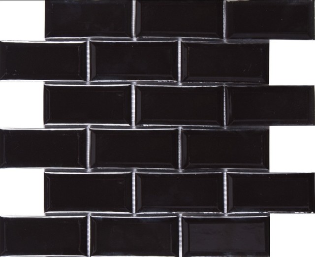 Midnight Black 2x4 Glossy Bevel Ceramic Subway Tile Contemporary