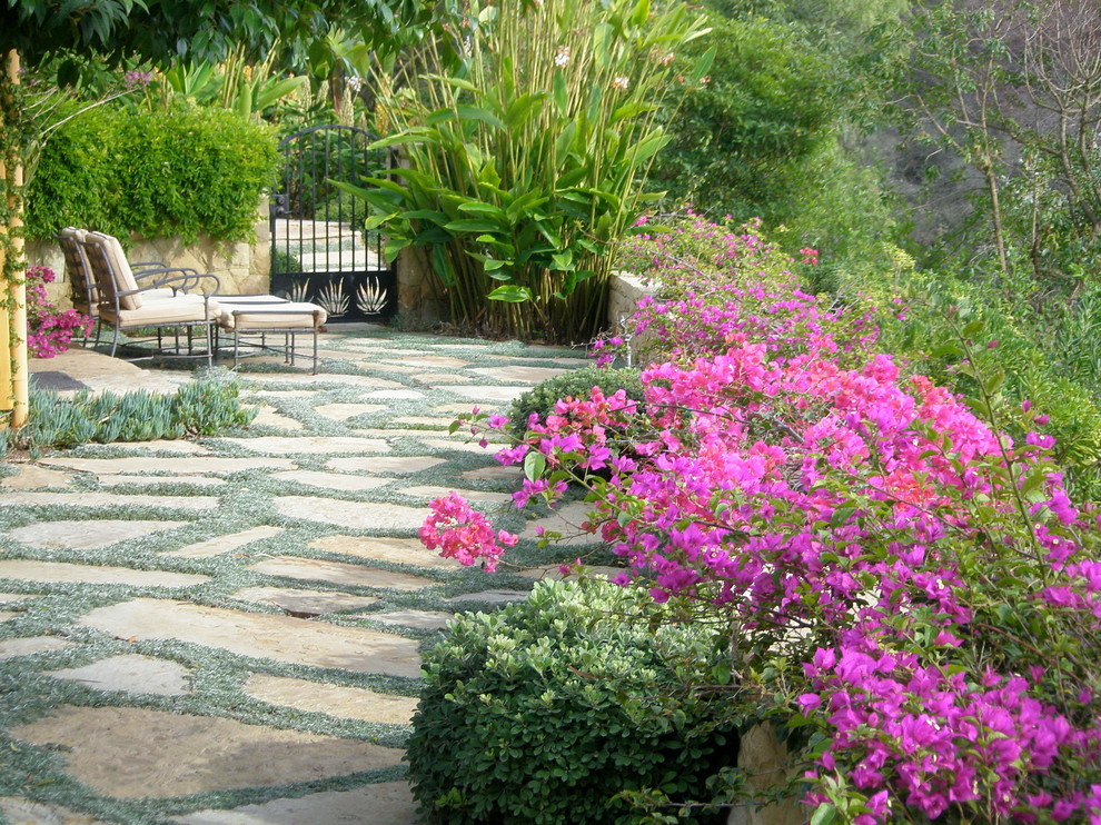 Photo of a mediterranean backyard garden in Santa Barbara with natural stone pavers.